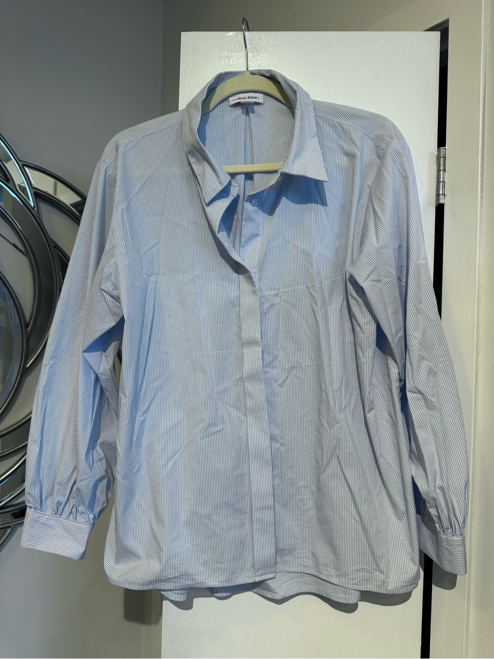 Calvin Klein Women’s Blue Pinstripe Button-Up Long Sleeve Shirt